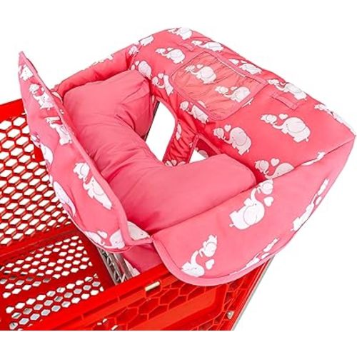 Soft Pillow Attached 2-in-1 Shopping Cart and High Chair Cover for Baby, Cotton Padded Cart Cover, Fold'n Roll Style, Portable with Carry Bag (Pink Elephant)