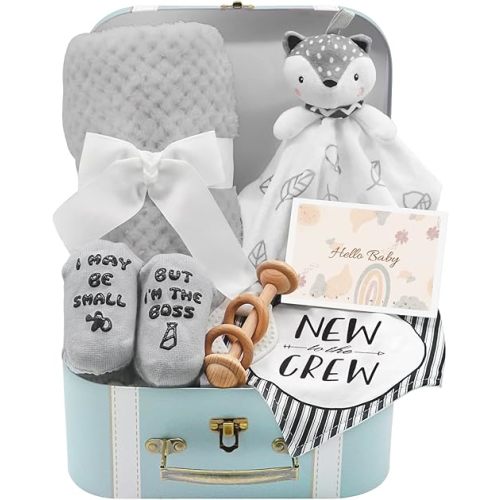 Baby Gift Set, Baby Shower Gifts Basket Newborn Blanket Baby Lovey Security Blanket, Funny Baby Bibs Socks & Greeting Card - Baby Gift Basket Newborn Shower Basket for Boys