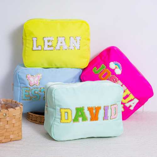 Personalised Sewn Nylon XL Size Cosmetic Bag,Custom Name Makeup Bag with Chenill Patch,Bridesmaid Gift,Toiletry Bag for Women and Girls