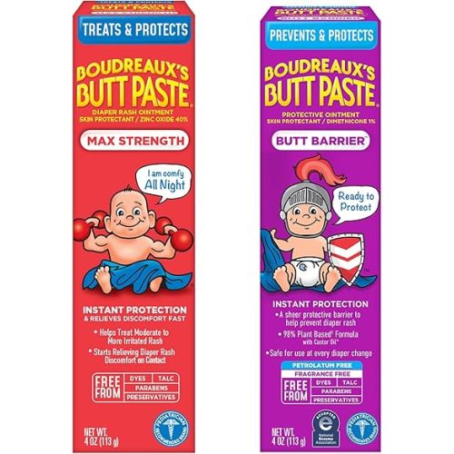 Boudreaux's Butt Paste 4oz Butt Barrier Ointment and 4oz Max. Strength Diaper Rash Ointment