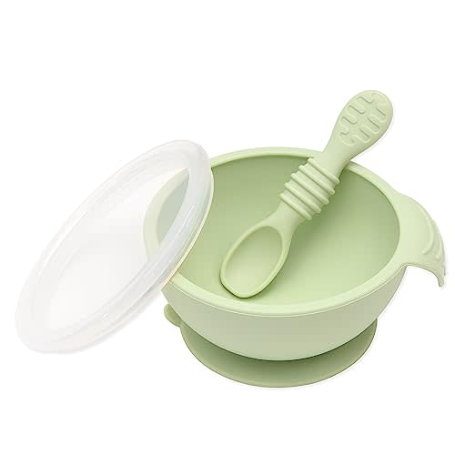 Bumkins Baby Bowl, Silicone Feeding Set with Suction for Baby and Toddler, Includes Spoon and Lid, First Feeding Set, Training Essentials for Baby Led Weaning for Babies 4 Months Up, Sage