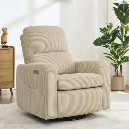 Aemeios Swivel Power Recliner Chair Corduroy Nursery Glider Rocking Recliner, Gray