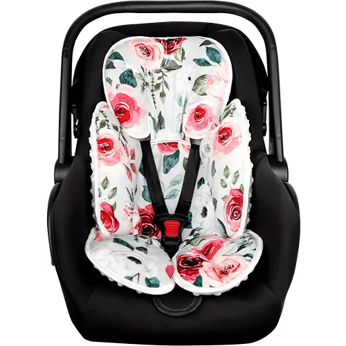 CARUILI Infant Car Seat Head Body Support Pillow, Newborn Car Seat Insert for Girls, Soft & Adjustable Baby Headrest for Carseat, Stroller, Swing, Rose Floral Printed