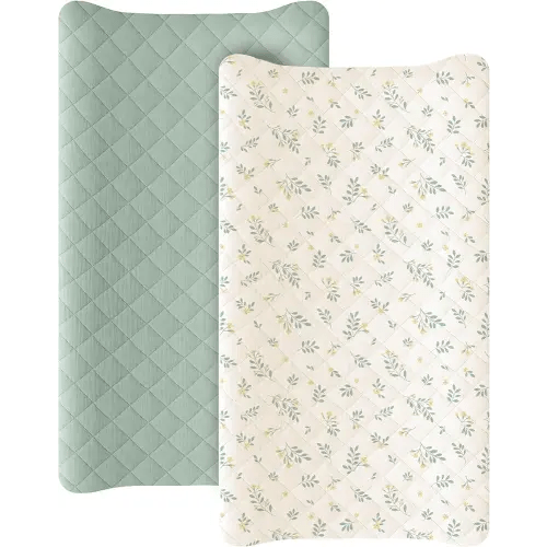Konssy Waterproof Muslin Changing Pad Cover 2 Pack, Quilted Cotton Fitted Diaper Changing Table Cover, Soft Changing Pad Sheets for Girls Boys (Leafy,Green)