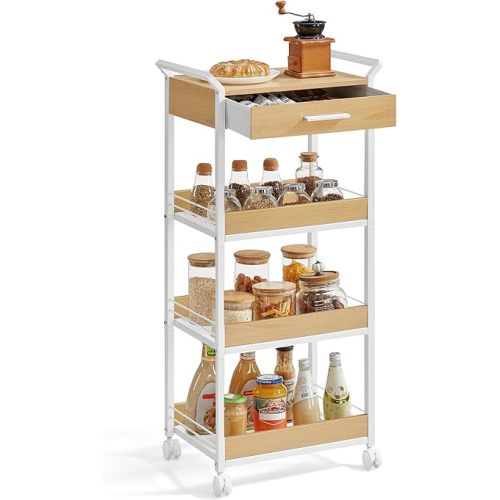 VASAGLE Storage Cart, 4-Tier Rolling Utility Cart with Table Top, Handles, 4 Lockable Casters, Top Drawer, Mesh Shelves, for Kitchen, Bathroom, Bedroom, Golden Oak and Cloud White ULRC049N01