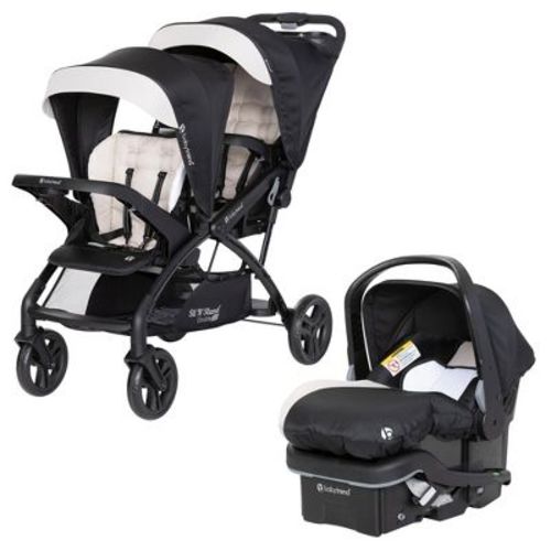Baby Trend Sit N' Stand Double Stroller 2.0 DLX with 5 Point Safety Harness and EZ-Lift Plus Lightweight Infant Car Seat with Cozy Cover, Modern Khaki