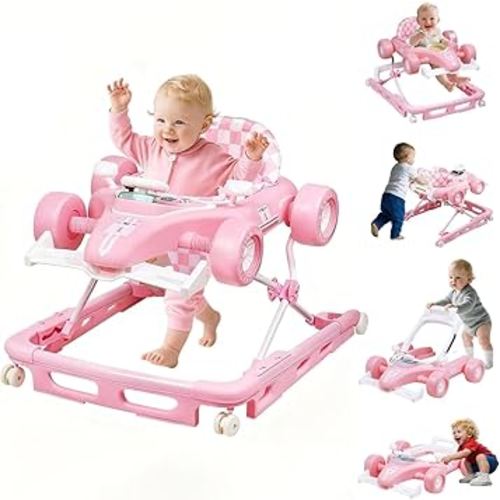 Baby Walker with Wheels, 4-in-1 Baby Walker for Boys Girls Foldable Activity Walker with Adjustable Height Toddler Infant Walker with Music and Lights Walker for Baby 6-24 Months, Pink
