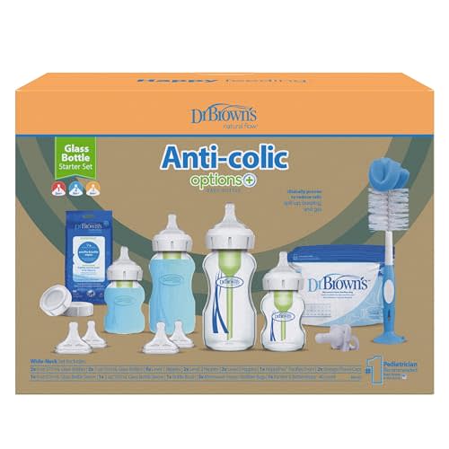 Dr. Brown’s Natural Flow Anti-Colic Options+ Wide-Neck Glass Baby Bottle Starter Set with 100% Silicone Glass Bottle Sleeves, Baby Bottle Brush, Prevent Pacifier and Pacifier and Bottle Wipes