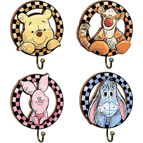 4Pcs Winnie Nursery Hook Cute Towel Hanger, Winnie Baby Room Decor, Wooden Wall Hooks for Hanging Clothes Robes Towels Coats