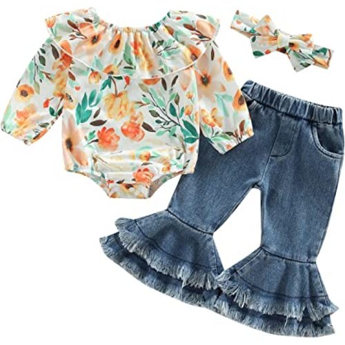 Baby Girl Outfit Infant Rib Ruffle Long Sleeve Romper Onesie Top Bell-Bottom Denim Pants Sets Cute Clothes