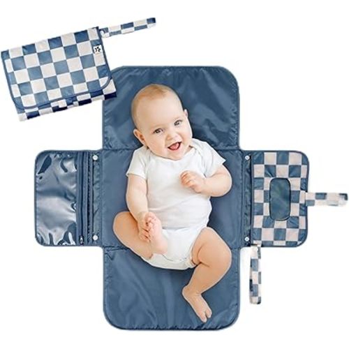 Tiny Twinkle Portable Diaper Changing Pad - Foldable Waterproof Diaper Changing Mat for Travel, Baby Changing Station with Smart Wipes Pocket & Storage (Blue Checkers)