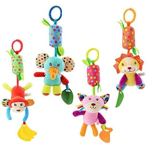 Baby Hanging Rattles Toys, Newborn Crib Toys Car Seat Stroller Toys for Infant, Colorful Animal Bell Soft Baby Sensory Rattles Toys with Teether for Babies Boys and Girls 3 6 9 to 12 Months(4 Pack)