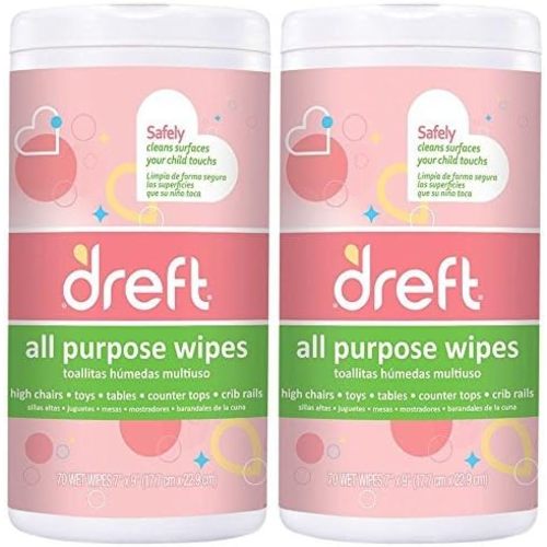 Dreft Multi-Surface All-Purpose Gentle Cleaning Wipes for Baby Toys, Car Seat, High Chair & More, 70 Count, Pack of 2
