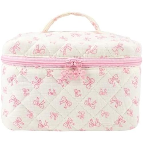 Large Makeup Bag Quilted Makeup Bags Cute Cosmetic Bag for Women Girls Floral Coquette Aesthetic Toiletry Bag Travel Make Up Organizer Pink Bow Skincare Bag