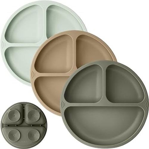 KeaBabies Suction Plates for Baby, Toddler - 3-Pack 100% Silicone Toddler Plates, Divided Baby Plates with Suction, Silicone Plates for Baby, Kids, BPA-Free, Microwave, Dishwasher Safe (Marsh)