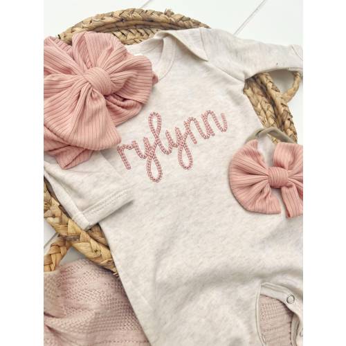 Personalized oatmeal and blush vintage stitch girl romper with fold over footies, custom girl coming home outfit, baby shower gift