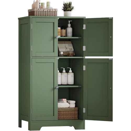 Bathroom Floor Storage Cabinet, Freestanding Bathroom Cabinet with 4 Doors & 2 Adjustable Shelves, Cupboard, Floor Cabinets for Living Room, Entryway, Office, Forest Green