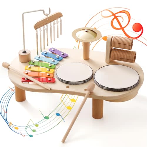 Promise Babe Wooden Musical Instruments for Toddlers 1-3, Percussion Instruments for Kids Baby Drum Set Xylophone, Montessori Educational Musical Toys, Gifts for Girls Boys Ages 3+