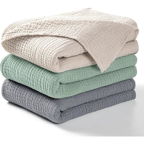 lulumoon Muslin Swaddle Blanket Baby - Cotton Swaddling Blanket Soft Baby Receiving Blanket Neutral 3Pack(Grey+Green)