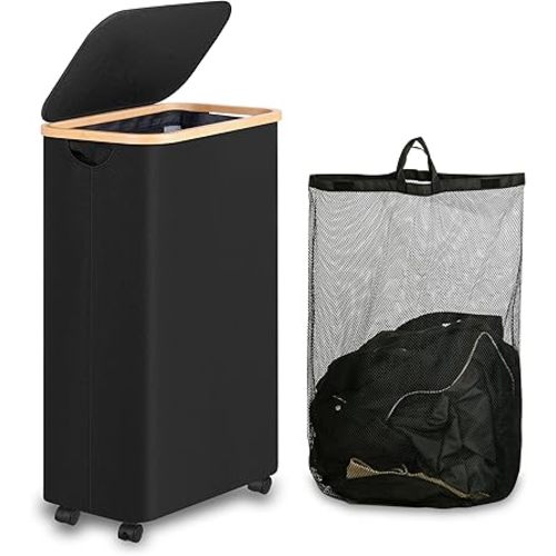 Laundry Basket with Lid, Large Laundry Hamper with Handle and Lid, Collapsible Clothes Basket Organizer with Removable Inner Bag for Clothes Toys Towels (Black, 75L with Wheels)