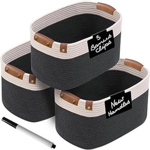 Cotton Rope Baskets for Organizing | Storage Baskets for Shelves | Rope Basket for Storage, Small Laundry Baskets, Woven Baskets for Storage, Dog Toy Bin, Baby Basket, White&Graphite 3 Pack