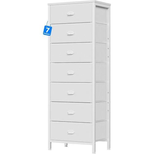 Furnulem White Tall Dresser for Bedroom with 7 Drawers, Vertical Chest of Drawer in Closet, Nightstand Storage Tower Unit Organizer with Fabric Bins for Dorm,Living Room,Entryway,Hallyway