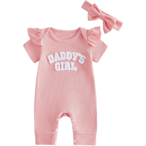 Newborn Baby Girls Summer Clothes Daddy's Girl Embroidery Ruffle Jumpsuit Bubble Romper Bodysuit Shorts Outfits