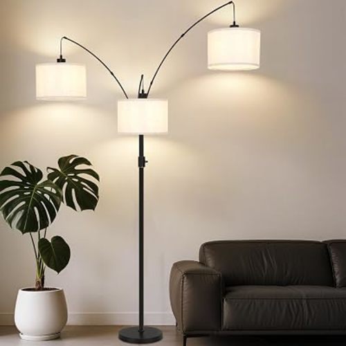 AHDWDW Dimmable Arc Floor Lamp-3 Lights Floor Lamps for Living Room,Modern Tall Standing Lamp with Beige Drum Shades&Heavy Base,Mid Century Tree Floor Lamp for Bedroom Corner Office,Bulbs Included