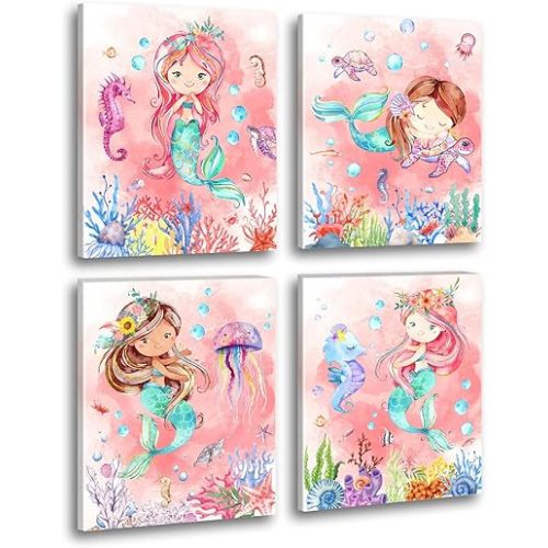 Mermaid Wall Art,Mermaid Pictures Wall Decor,Pink Ocean Canvas Prints Painting,Cute Watercolor Framed Artwork for Bathroom Girls Bedroom Living Room Home Decoration Set of 4(8"X10")