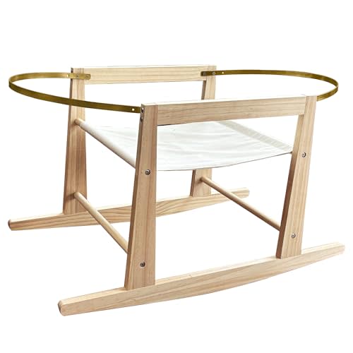 Calvana Wooden Rocking Basket Stand Compatible with Moses Baskets for Newborns, Locking Mechanism & Adjustable Strap, Natural Wood, 35" x 18.5" x 19", Basket Not Included