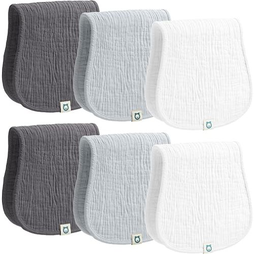 Muslin Burp Cloths Set, 6 Pieces, 100% Organic Cotton Hand Washcloths for Baby Boys and Girls Extra Absorbent and Soft Burping Rags (Monochrome - Multi Colored)