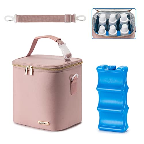 BABEYER Breast Milk Cooler Bag with Ice Pack Fits 6 Baby Bottles Up to 9 Ounce, Baby Bottle Bag with Shoulder Strap for Nursing Mom Daycare, Pink
