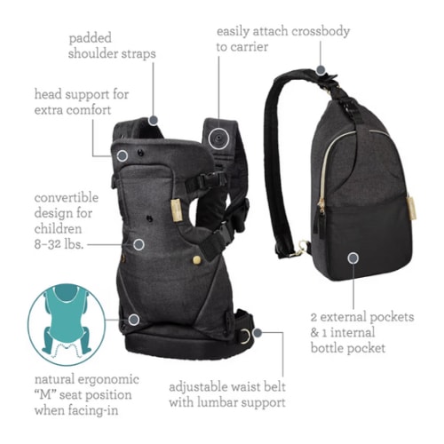 Infantino Flip 4-in-1 Convertible Baby Carrier & Crossbody Diaper Bag - Grow-with-Me Carrier with Attachable Crossbody Diaper Bag, Black and Gold, 2-Piece Set