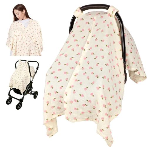 Car Seat Cover Baby Girls Boys, Summer Cotton Baby Car Seat Cover for Carseat, Comfortable Muslin Nursing Cover, Soft Baby Blanket, Breathable Lightweight Infant Stroller Canopy, Pink Flower