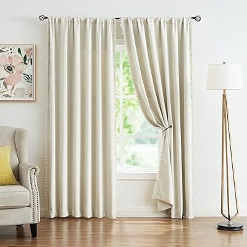 Pom Pom Curtains for Bedroom Windows 90 inch | Natural (Ivory)