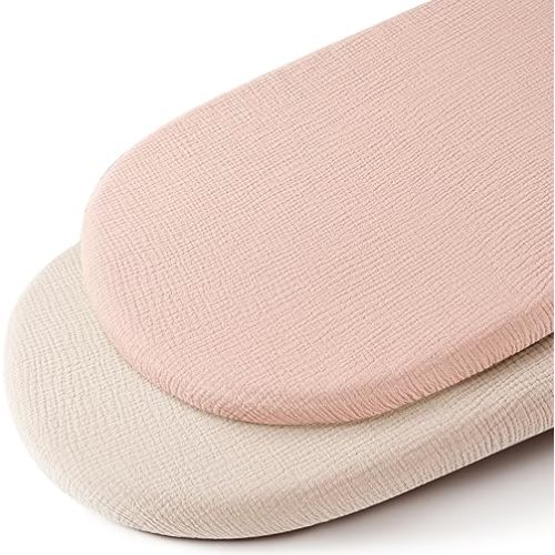 Konssy 2 Pack Muslin Fitted Bassinet Sheets for Baby Girl Boy, Soft Breathable Baby Bassinet Sheets Fit for Baby Bassinets, Cradle, Moses Basket Oval Rectangle Pad/Mattress (Pink,Summer Wheat)