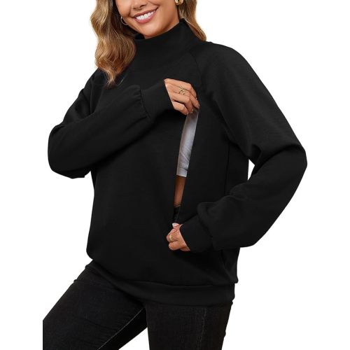 Bhome Nursing Sweatshirt for Breastfeeding High Neck Long Sleeve Nursing Shirt Zipper Maternity Pumping Top Pullover