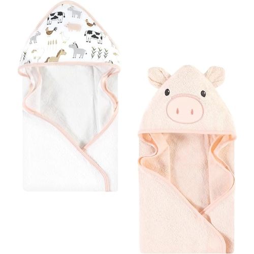 Hudson Baby Unisex Baby Cotton Animal Face Hooded Towel, Pig 2-Pack, One Size