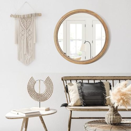 Round Decorative Mirror 24inch Circle Farmhouse Style Mirror Rustic Natural Wooden Frame Beads Mirror for Bedroom, Bathroom, Living Room or Entryway - Nature - 24”