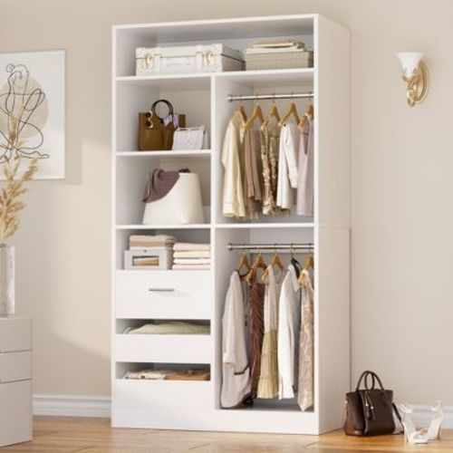 Aheaplus 36" Freestanding Closet System With 3 Drawers, Closet Organizer with 2 Hanging Rods - White