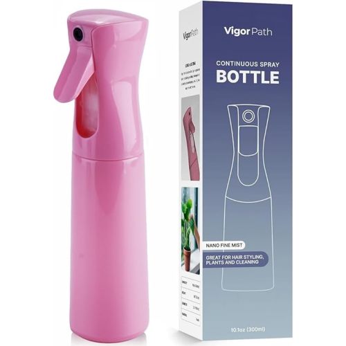 VIGOR PATH Continuous Spray Bottle with Ultra Fine Mist - Versatile Water Sprayer for Hair, Home Cleaning, Salons, Plants, Aromatherapy, and More - Empty Hair Spray Bottle - 300ml/10.1oz (Pink)
