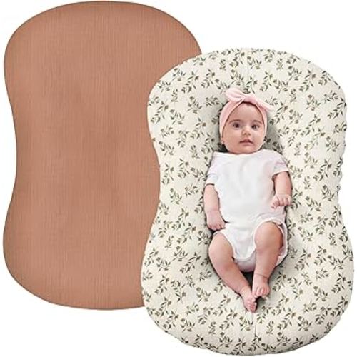 FUNUPUP Muslin Baby Lounger Cover Compatible with Snuggle Me Lounger, Infant Lounger Pillow Cover for Newborn, Removable Newborn Lounger Cover for Boys and Girls, Brown&Floral