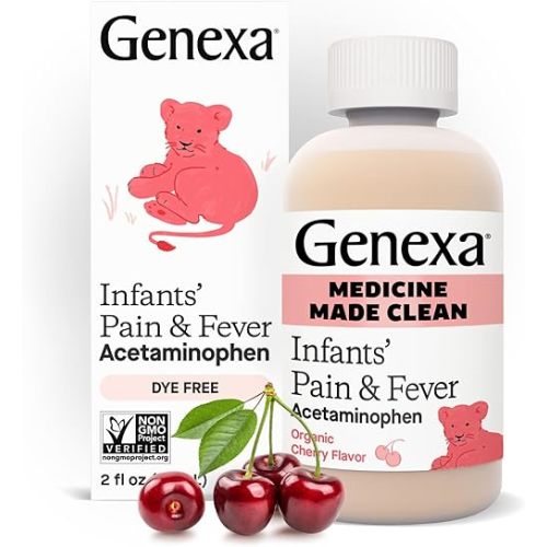 Genexa Infants’ Clean Pain & Fever Acetaminophen, Dye Free, 0% Artificial Additives, Delicious Organic Cherry Flavor, Liquid Oral Suspension Medicine for Baby, 160 mg per 5mL, 2 fl oz