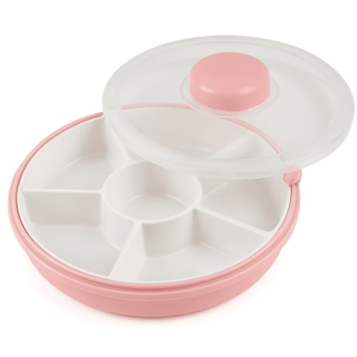 Kids Snack Container with Interactive Button – 5-Compartment Dispenser, BPA/PVC-Free, Dishwasher Safe, Toddler Snack Spinner for Home, School & Travel