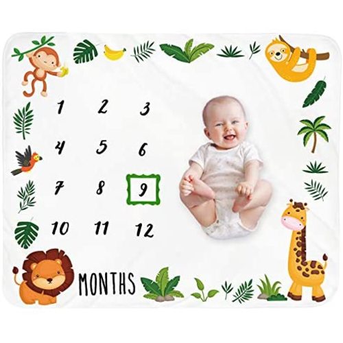 Baby Monthly Milestone Blanket Boy - Jungle Animals Neutral Newborn Month Blanket for Boy & Girl Personalized Shower Gift Safari Nursery Decor Photography Background Prop with Frame Large 51''x40''