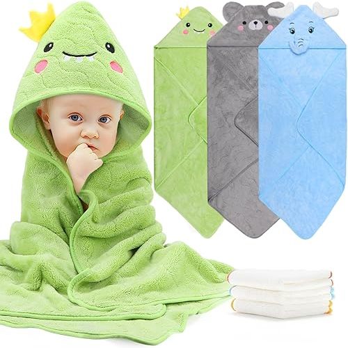 6 PCS Baby Towels, 3 PCS Soft Hooded Baby Towels & 3 PCS Washcloths, Baby Bath Towels for Newborns, Infants & Toddlers- Coral Fleece, Soft & Ultra Absorbent, Cute Towel Gift for Boys & Girls
