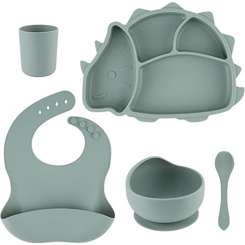CARTMAN Silicone Baby Feeding Set,Baby Led Weaning Bundle,Suction Bowl, Spoons, Bib & Cup, Develops Self Feeding Skills, Dishwasher Safe