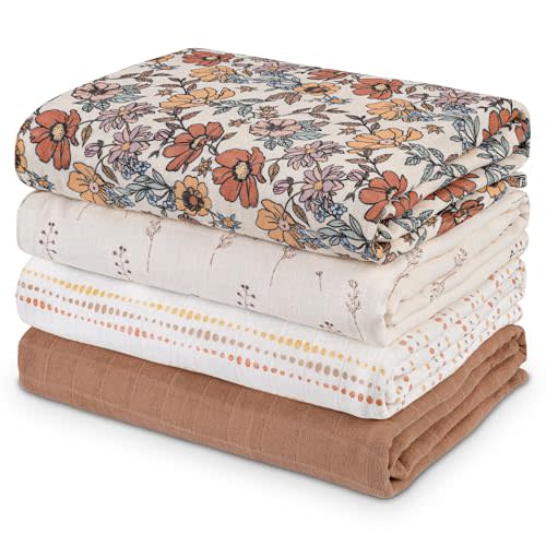 Civarua Kids Muslin Swaddle Blankets for Newborn, 4 Pack Organic Cotton Baby Blanket, Large 31.5 x 43.3 inch Breathable Soft Receiving Blanket, Essentials Swaddle Wrap Burping Clothes, Vintage Flowers