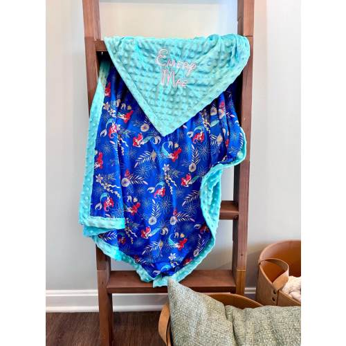 Disney Little Mermaid Blanket | Frame Style Border | Embroidery | Baby Shower Gift | Ariel knit Print & Minky l Sea Blanket