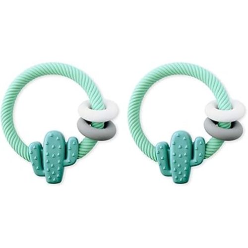 Itzy Ritzy Silicone Teether with Rattle; Features Rattle Sound, Two Silicone Rings and Raised Texture to Soothe Gums; Ages 3 Months and Up; Cactus (Pack of 2)